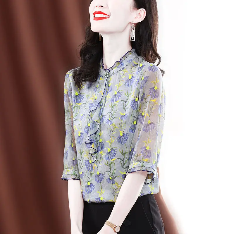 

Flower Blouse Female 2022 Spring and Summer New Seven -Packal Sleeve Printed Slender Skin Shirt Foreign Spinning Blouse Female