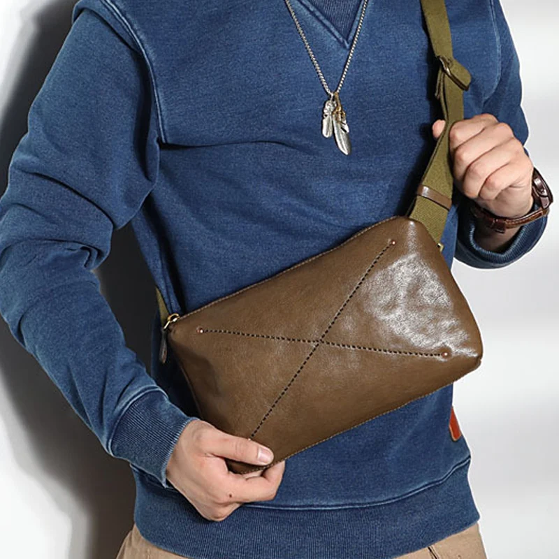 EUMOAN  Original hand stitched leather men's chest bag horizontal top layer cowhide messenger bag men's shoulder bag