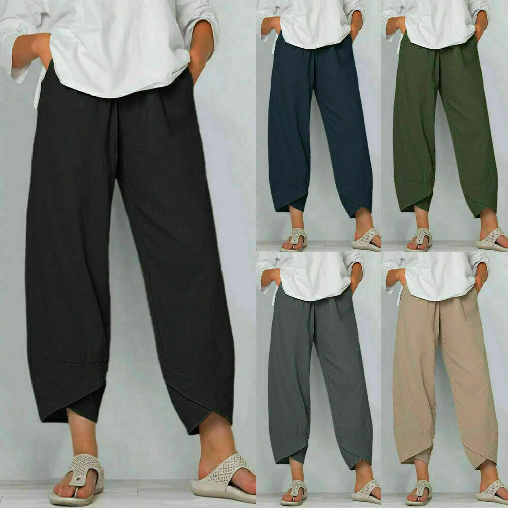 New Summer Women Casual Cotton Linen Baggy Harem Pants Solid Color Loose Trousers Plus Size  Ladies Wide Leg Cropped Pants