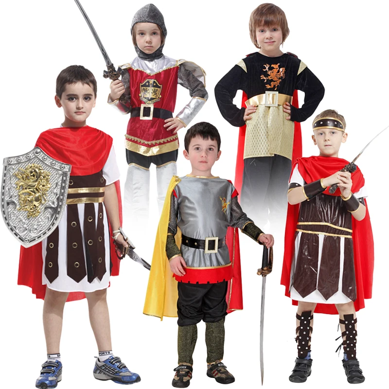 

Детские Мальчики королевские строительные костюмы солдаты на Хэллоуин Дети средневековые римские прикрепленные накидки карнавал искусственное оружие