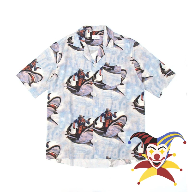 

2022ss RHUDE Shirt Men Women 1:1 Best Quality Hawaii Casual Shark Direct Injection T-shirt Top Tees