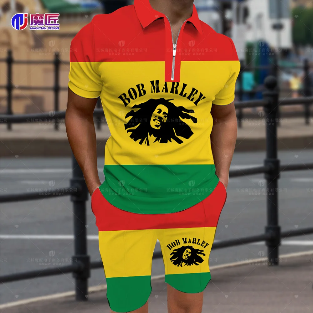 Bob Marley Short-Sleeved POLO Shirt Lapel Suit Sports Meeting Fashion Men's Shirt + Shorts Casual 2-Piece Fitness Running Suit