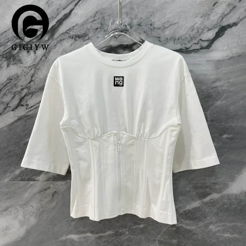 

GIGIYW Crowd Spring And Summer 2022 New White Splicing Slim Short T-shirt Long Sleeve Tshirt Women Cotton