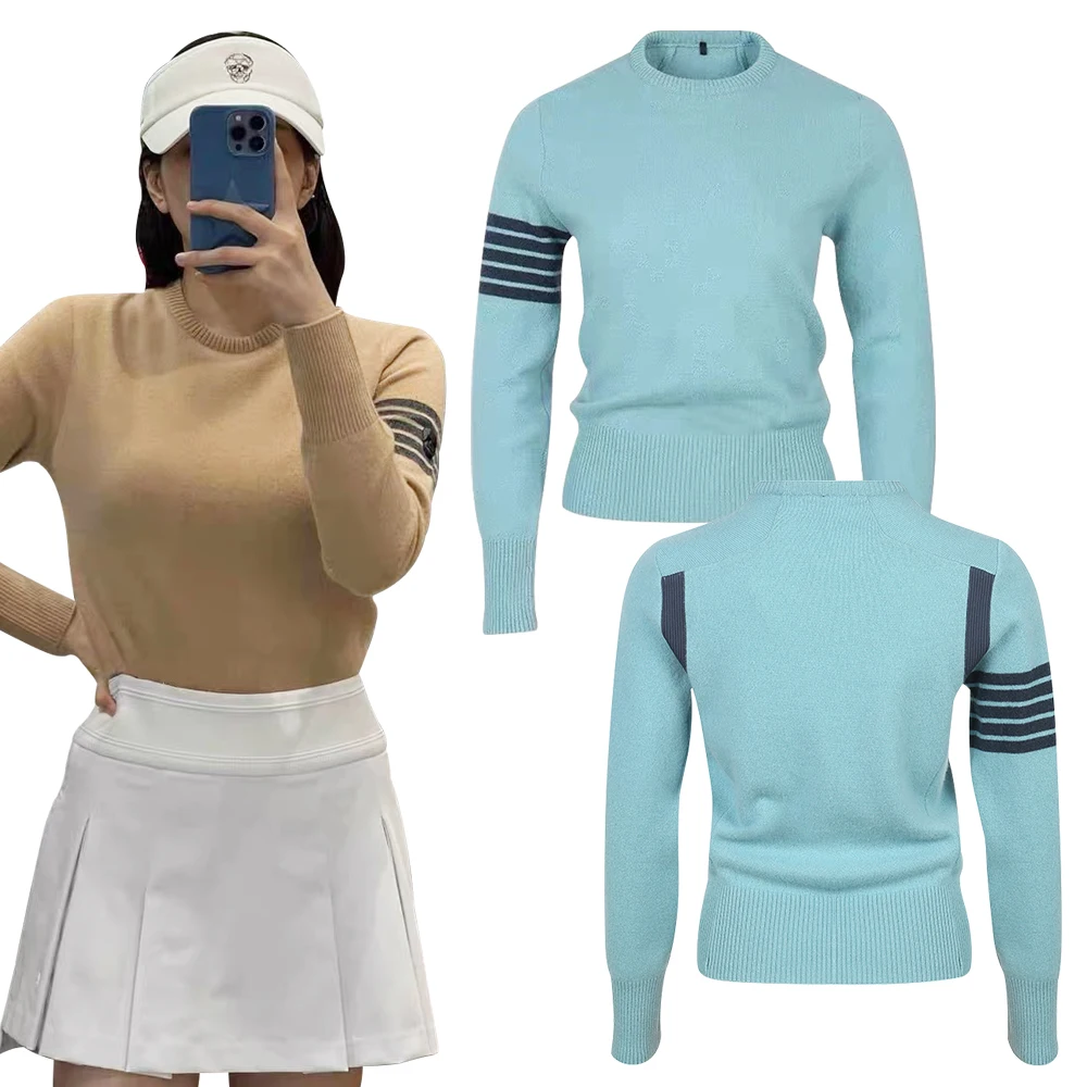 

Golf Luxury Woman's Clothing Long Sleeve Slim Fit Knit Sweater Top Korean Brand Keep Warm Skull Logo On Sleeve 2023 Autumn