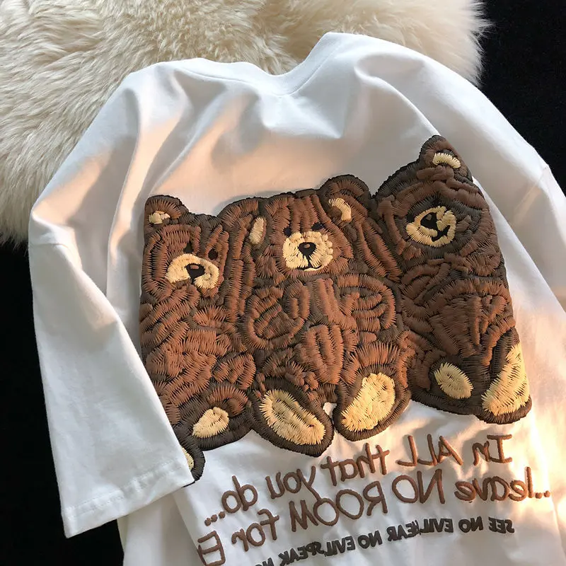 

Vintage American Retro Embroidery Bear Oversized T Shirt for Women Design Short Sleeve Casual Woman Tshirts Couple Y2k Tops New