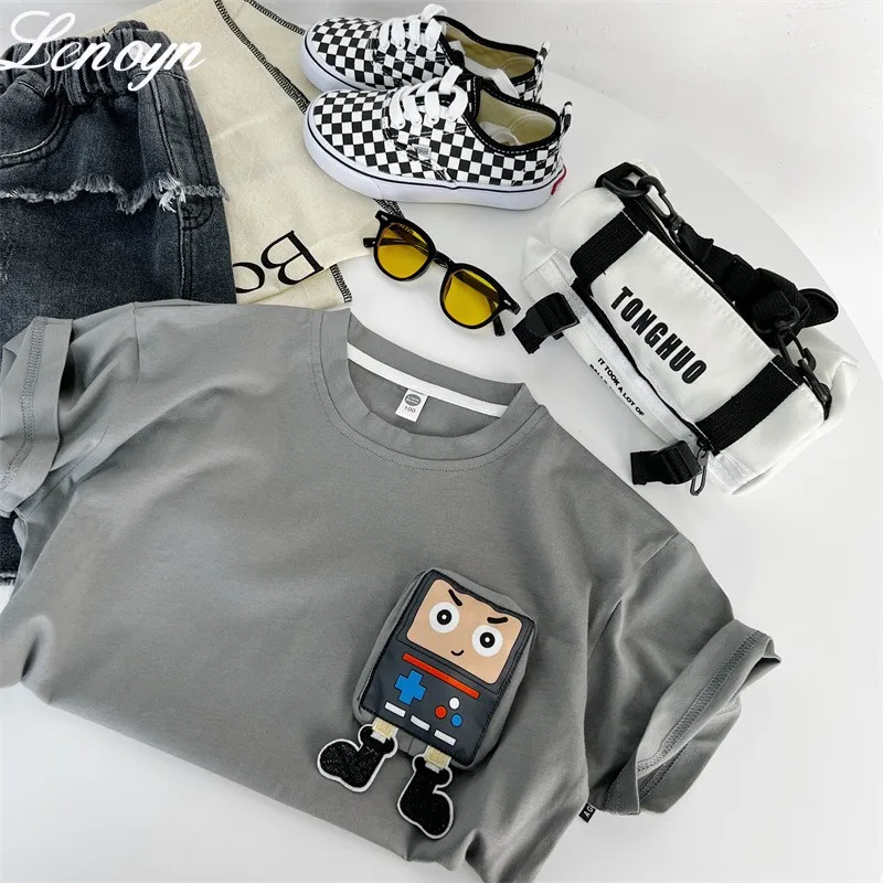 

Lenoyn 2023 New Summer Children's Short Sleeve T-shirt Boys' Casual Round Neck T-shirt Children's Loose Cartoon Cute Doll Top