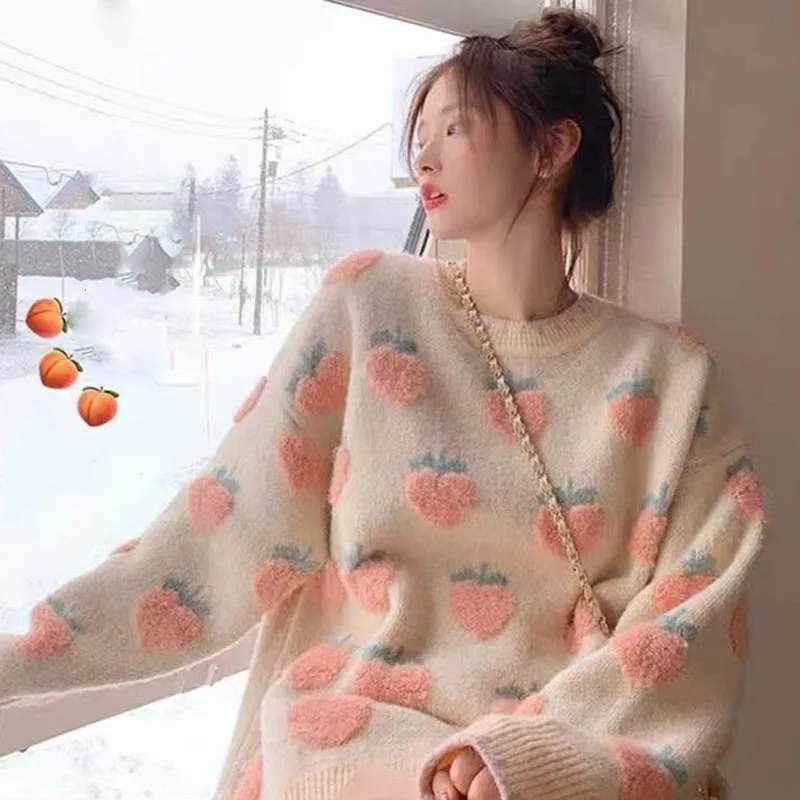 

Lucyever осенне-зимние утепленные женские свитера Harajuku милые джемперы с вышивкой клубники повседневные свободные вязаные пуловеры