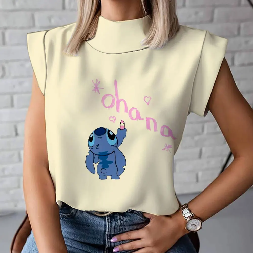 

Cute Stitch Harajuku New Casual Lilo Anime Summer Street Trend Versatile Disney Brand Print Ladies High Collar T-Shirt Vest
