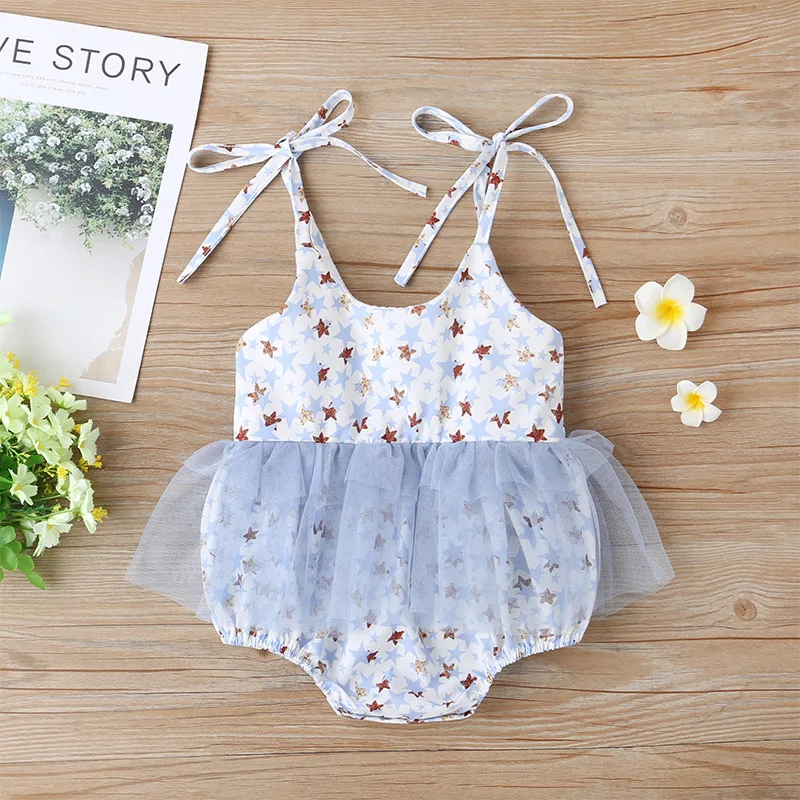 

Summer Cute Baby Girl Lace-Up Suspender Rompers Sweet Printing Ruffles Splicing Mesh Jumpsuits Toddler Bodysuit