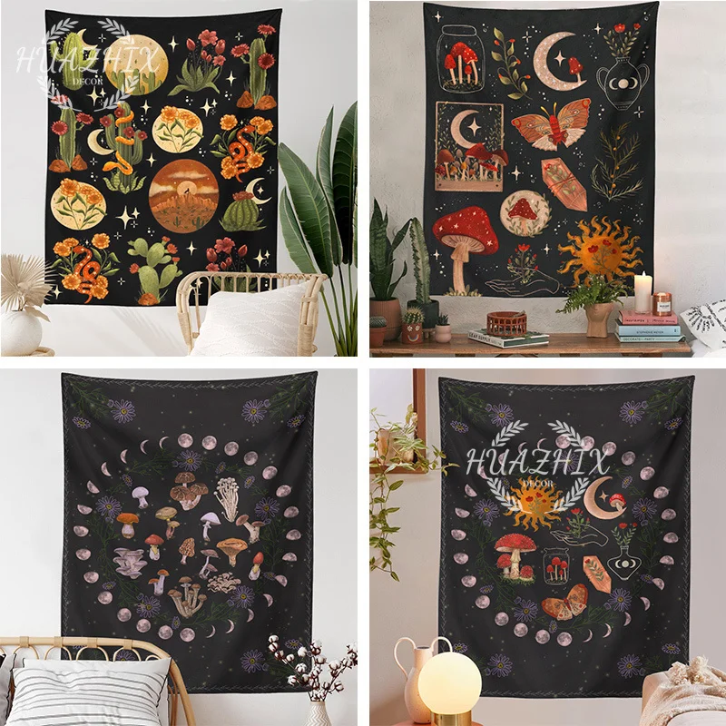 

Moon Botanical Cactus Tapestry Wall Hanging Starry Mushroom Chart Hippie Bohemian Tapestries Psychedelic Witchcraft Home Decor
