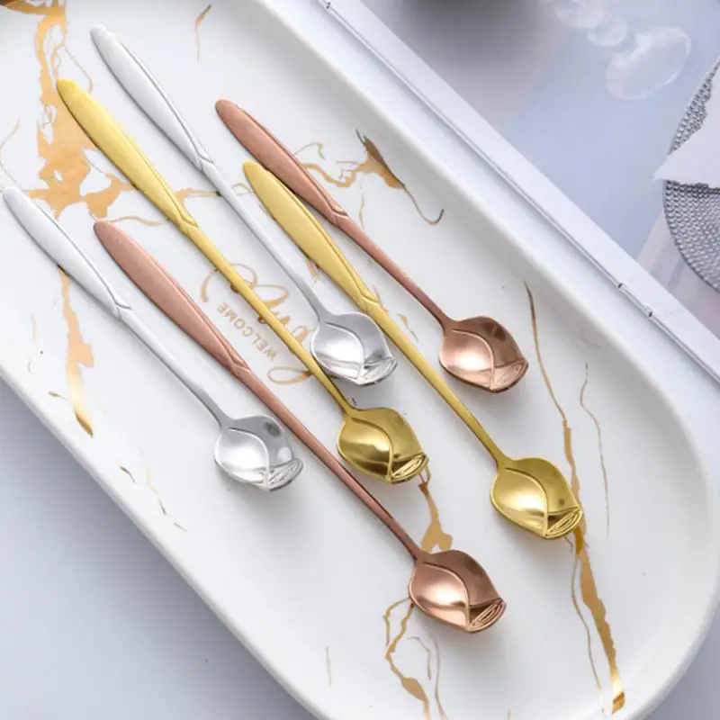 

1/2/6pcs Long Handled 304 Stainless Steel Rose Tea Spoon Ice Cream Dessert Coffee Stirring Spoons For Picnic Kitchen Accessories