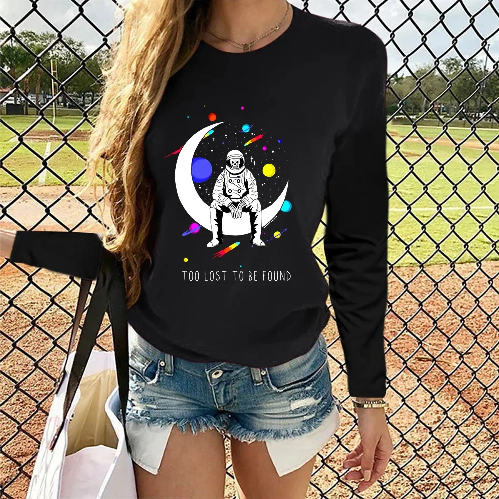 2021wish Amazon осенняя новая женская футболка с буквенным принтом и лунным астронавтом