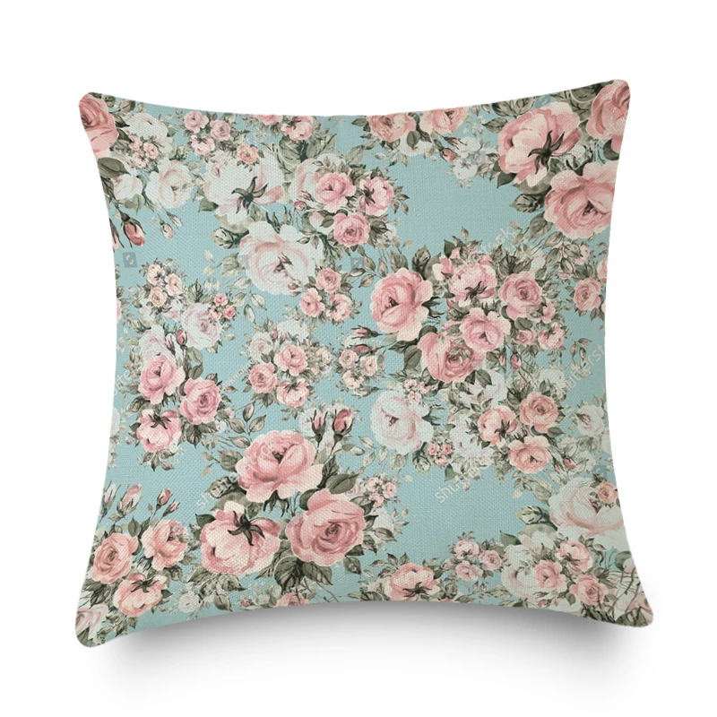 Shabby Chic Rose Linen Pillowcase Vintage French Farmhouse Flower Throw Cushion Pillow Cover Sofa Home Living Room Decoration images - 6
