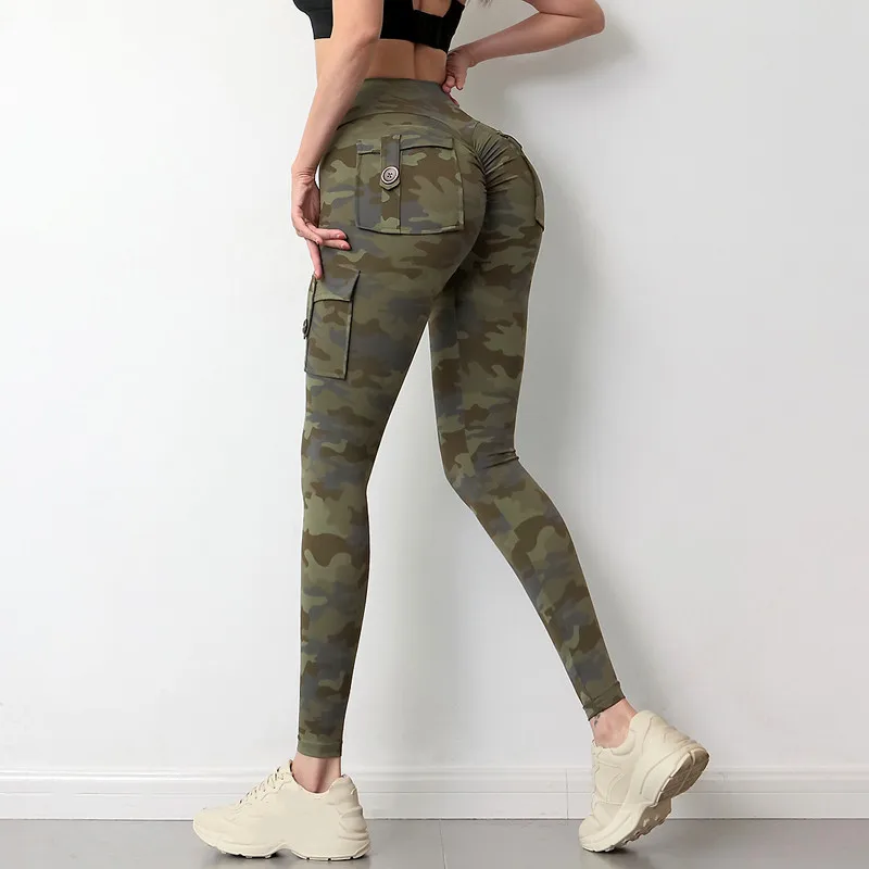 Sexy Peach Buttock Leggings Fitness Comprehensive Training Women Sports Pants Camouflage With Pocke Folds Tights Clothe Trousers