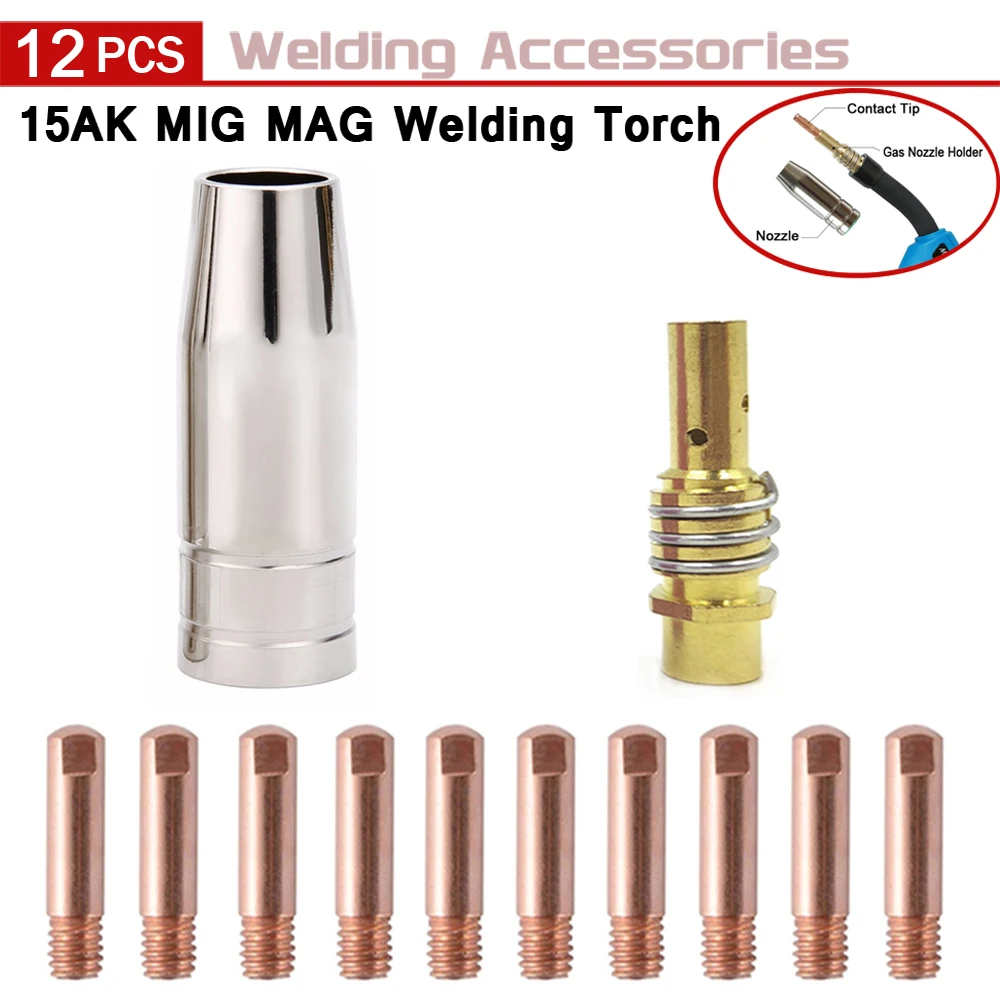 

12Pcs MB-15AK Welding Torch Consumables 0.6mm 0.8mm 0.9mm 1.0mm 1.2mm MIG Torch Gas Nozzle Contact Tip For Binzel 15AK MIG MAG