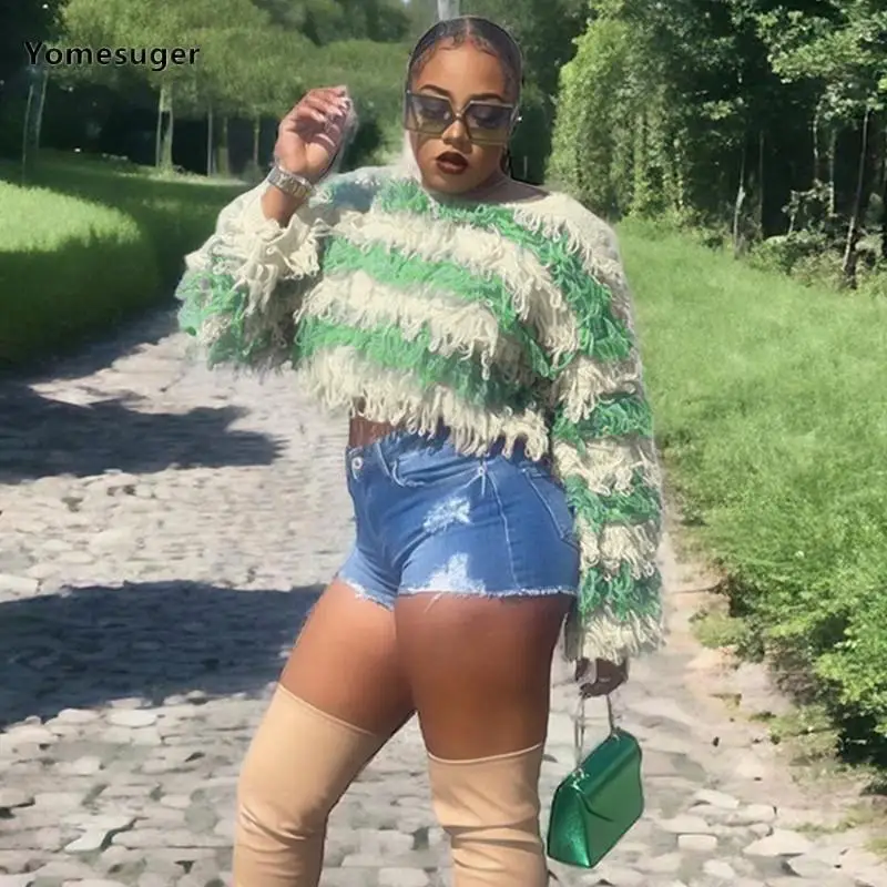 

Yomesuger Casual Tassle Patchwork Bare Midriff Stweater Women Fashion Knit Contrast Loose Pullover Fall 2023 Y2K Tops Streetwear