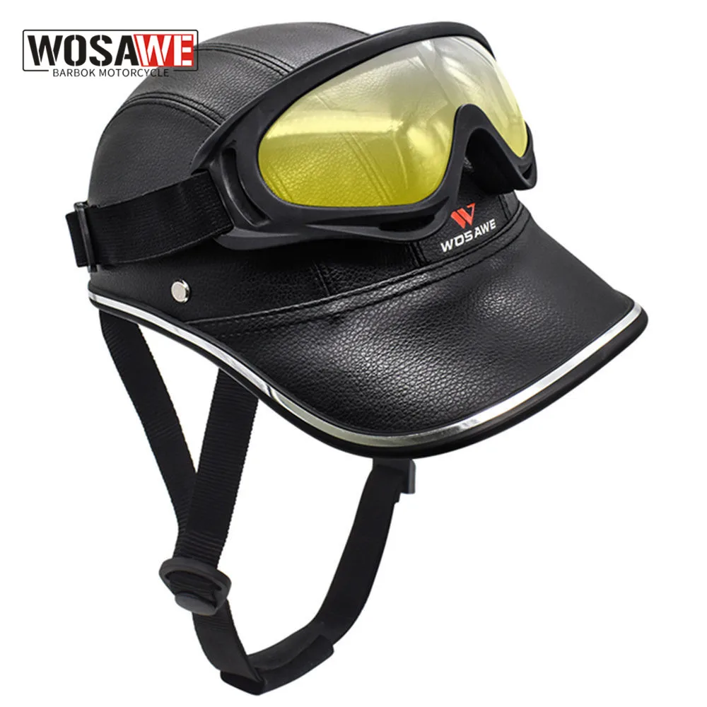 

WOSAWE Waterproof PU Leather Motorcycle Helmet Half Face Protective Helmet Unisex Adult Motorbike Headwear Safety Glasses Hats