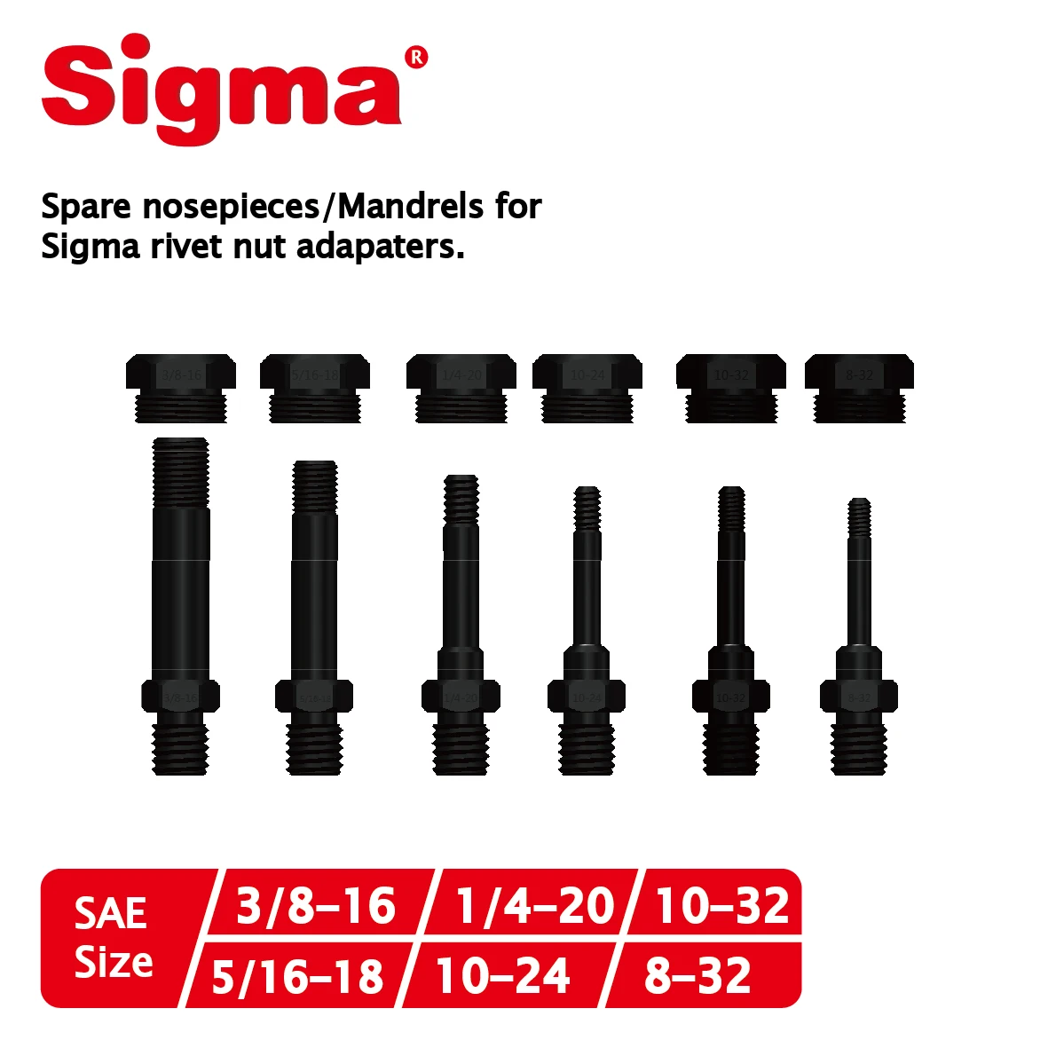 Sigma запасные оправки SAE/набор наконечников только для Sigma заклепки с резьбой Nut сверлильные адаптеры