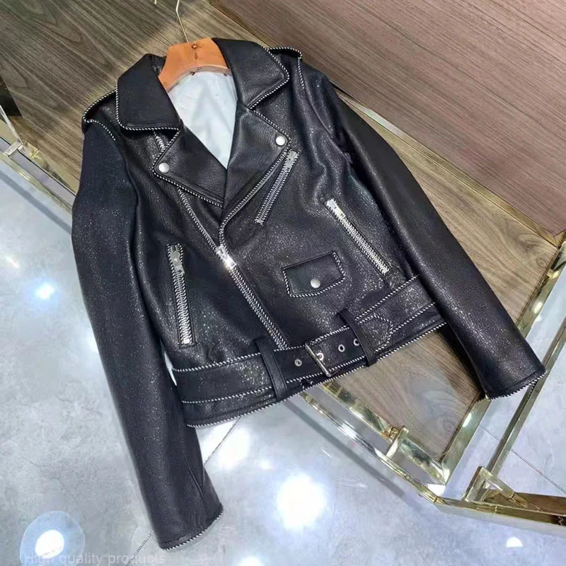 

Genuine Leather Jacket Short Length 2023 New Arrival Women Coat Spring Locomotive Model Style Import Calf Skin Outerwear Stars