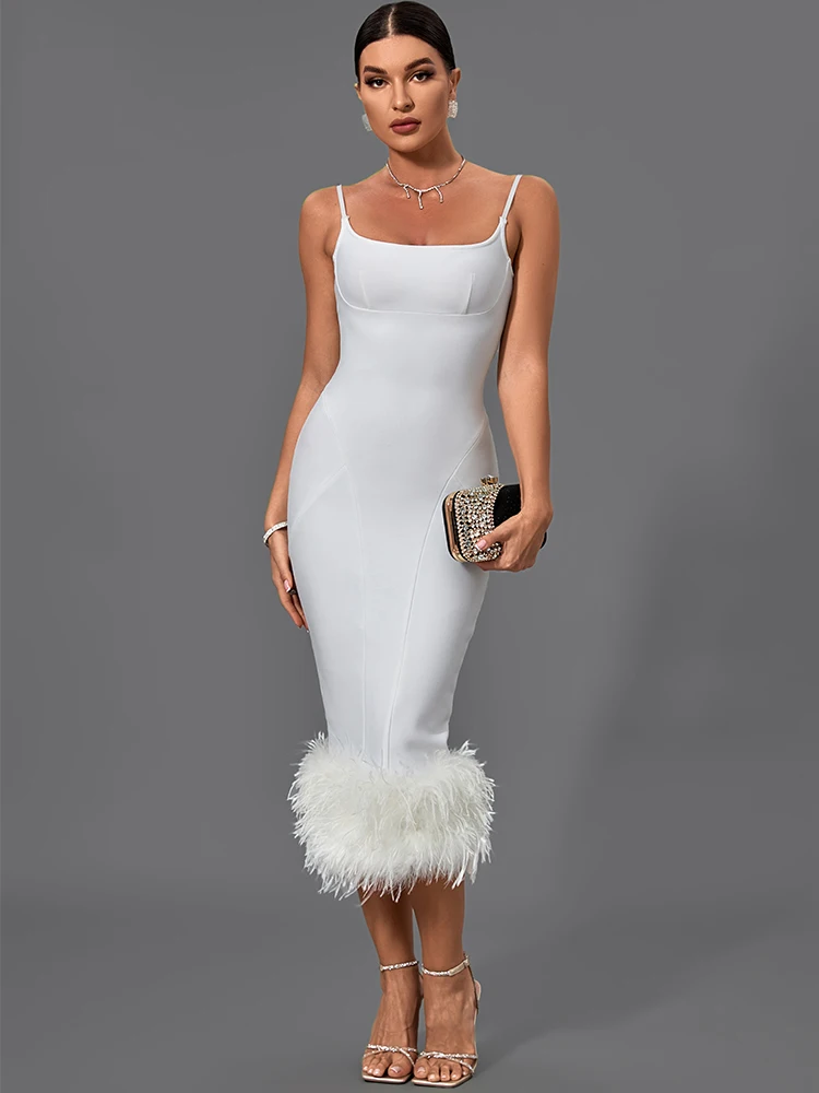 

Feather Bandage Dress Women Lilac Bodycon Dress Evening Party Elegant Sexy Midi Birthday Club Outfits 2022 Summer New Fashion
