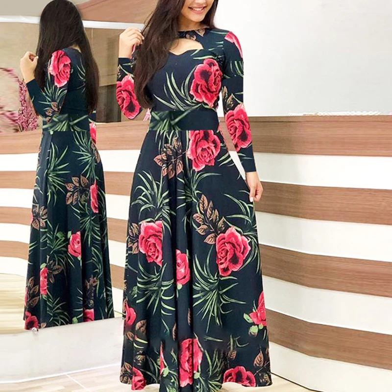 

Женское платье макси с цветочным принтом, демисезонное ажурное длинное платье-трапеция с круглым вырезом и длинным рукавом, свободное платье в стиле бохо, 2023