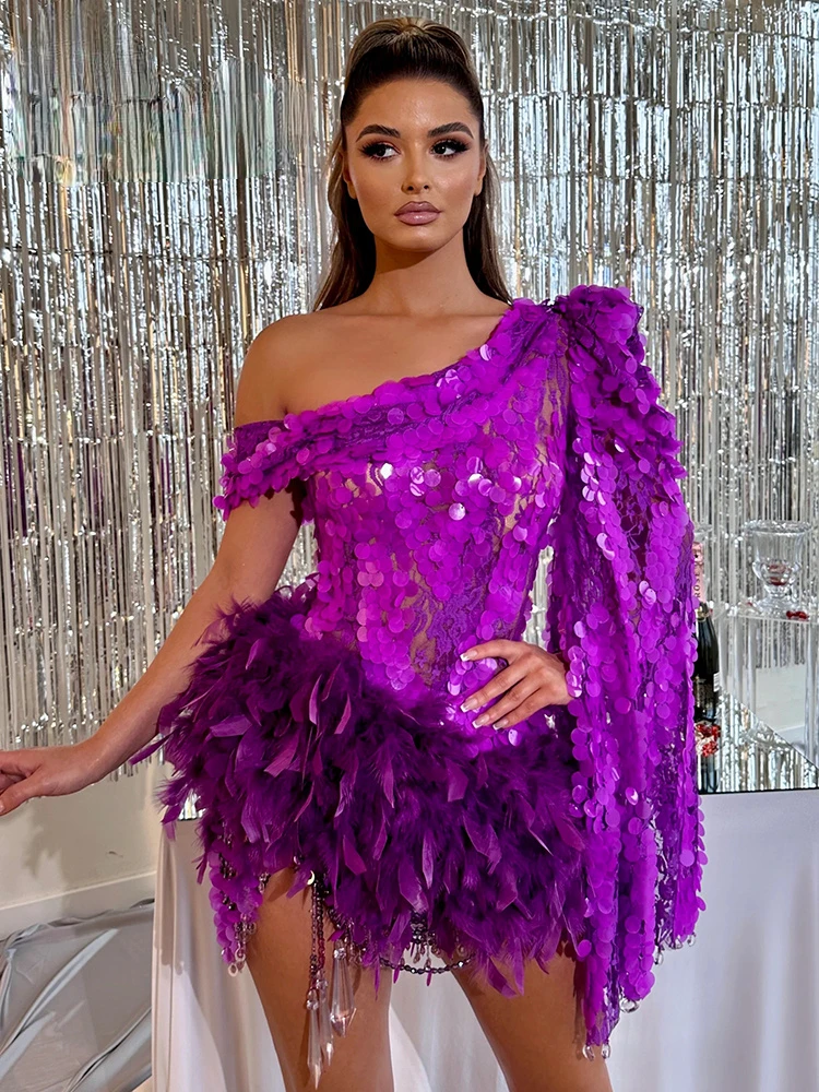 

Women Sexy One Shoulder Long Sleeves Luxury Glitter Purple Sequins Cocktail Party Prom Feather Design Mini Vestidos