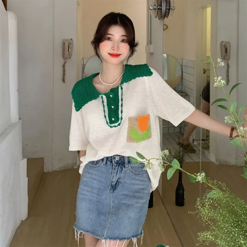 

COIGARSAM Blouse Women Cute Knitting Short Sleeve Floral Loose Panelled Blusas Womens Tops And Blouses Dropshipping