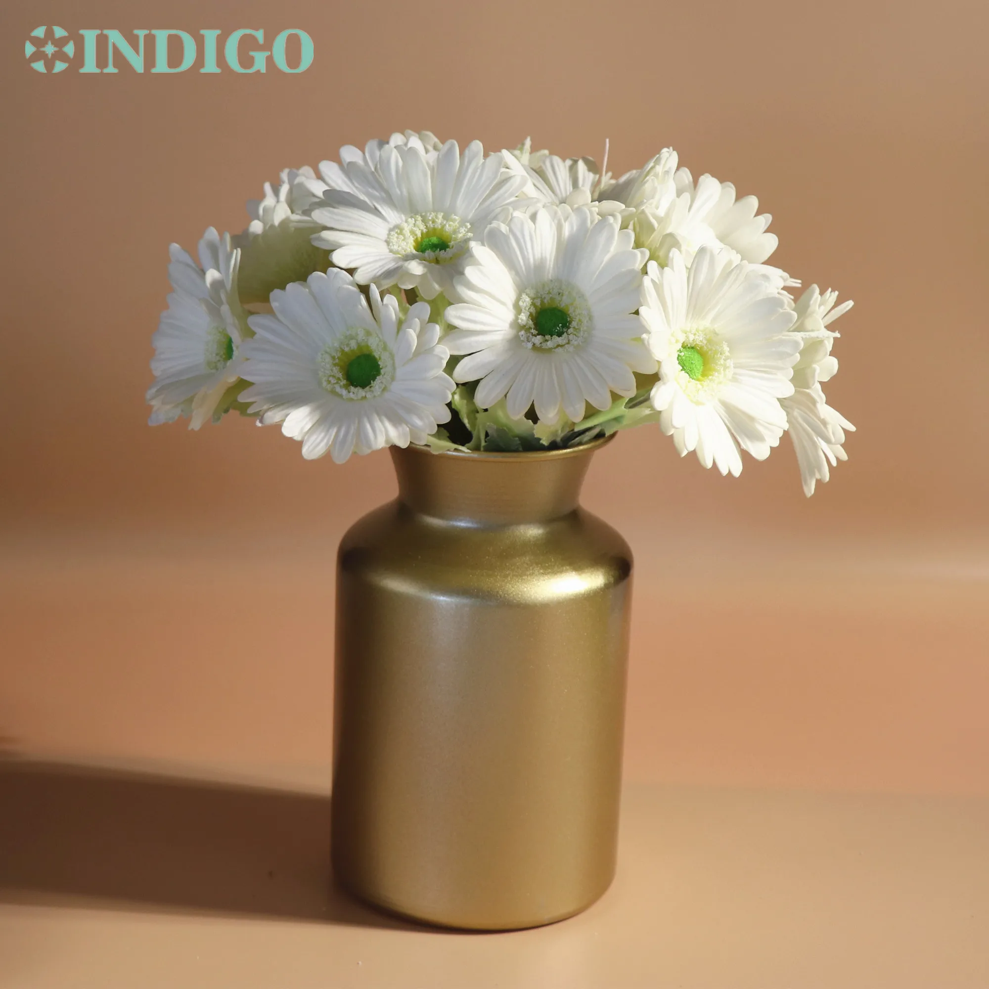 White Daisy (14PCS Daisy +Metal Vase) 32CM PU Real Touch Sunflower Floral Event Party Table Decoration Flower Arrangmen- INDIGO
