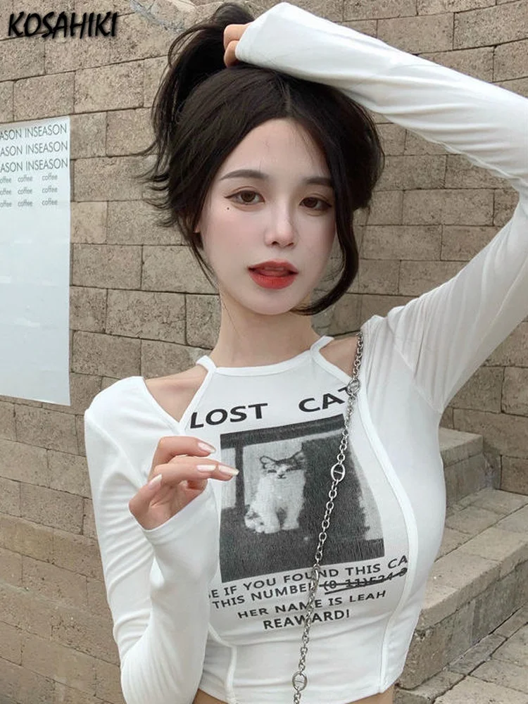 

Летние корейские модные укороченные топы с длинным рукавом и лямкой на шее, Волшебная Футболка с принтом кошки, Y2k, футболка, уличная одежда, гранж, эстетическая футболка