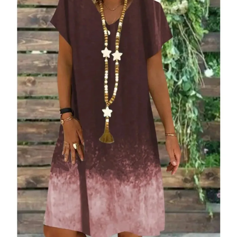 

Женское платье-футболка средней длины, платье с коротким рукавом и градиентным цветом, с V-образным вырезом, весна-лето 2023