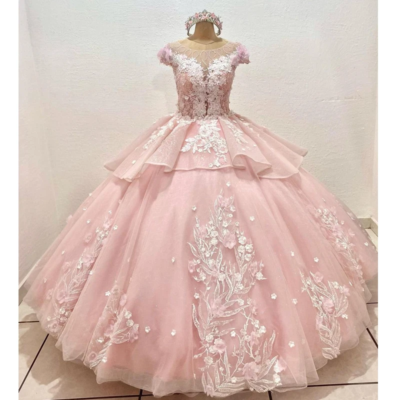 

ANGELSBRIDEP Pink Quinceanera Dresses Sweet 15 Party Flower Lace Crystal Beading Back Pearls Neck Vestidos De 15 Anos Real Image