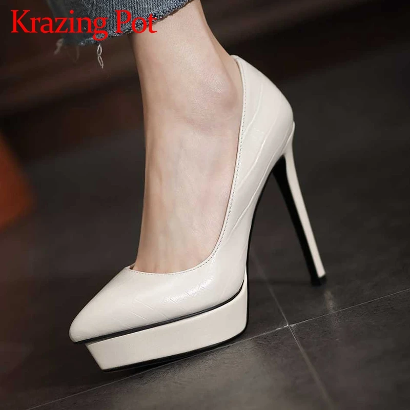 

Krazing pot natural leather pointed toe thin super high heels European style mature young lady shallow slip on women pumps L1f2
