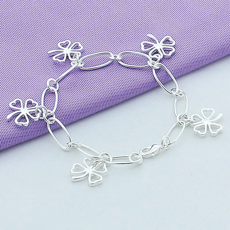 Высококачественный Серебристый браслет с четырьмя листьями украшение на зажим 8