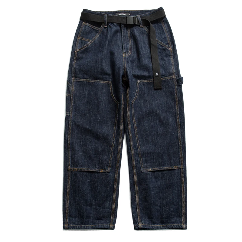 Japanese Style Knee Patch Loose Straight Pants Men's BF Style Wide Leg Skateboarding Pants Dark Blue Jeans Men's Retro Style