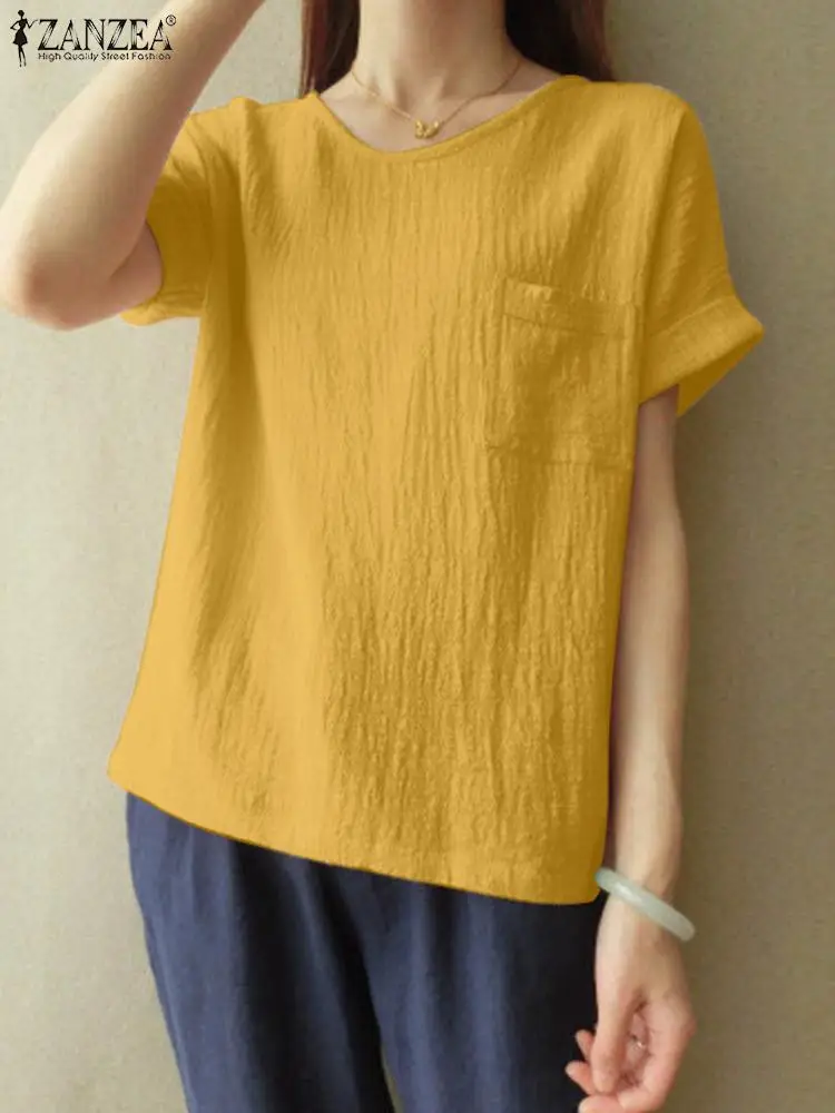 

ZANZEA Summer O Neck Short Sleeve Casual Loose Blouse Women Vintage Oversize Blusas Chemise 2022 Solid Cotton Tops Basic Shirt
