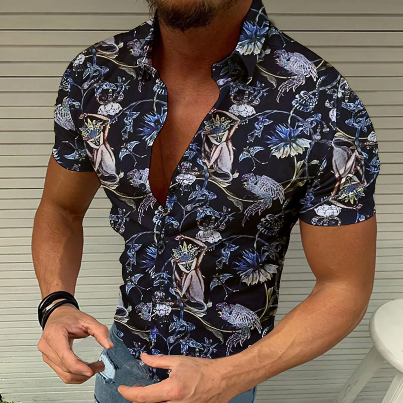 

Casual Tunic Top Men Spring Summer Vacation Single Breasted Casual Lapel Full Print G5000 Heavy Cotton T Shirts Men Mans Shirts