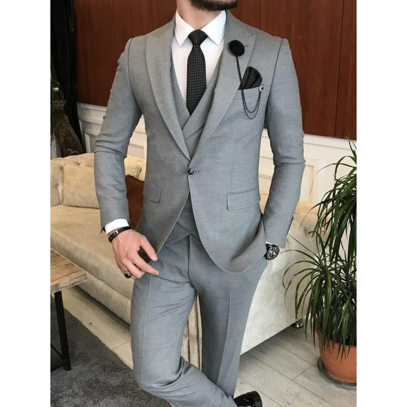 

Classic Grey Latest Design Jacket+Pant+Vest Slim Fit 3-Piece Prom Wedding Tuxedos Suits Custom Made Groom Blazer Sets