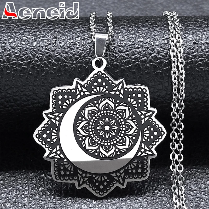 

Mandala Sacred Geometry Crescent Moon Necklaces Flower of Life Pendant for Women Stainless Steel Necklace Yoga Jewelry N7949S04