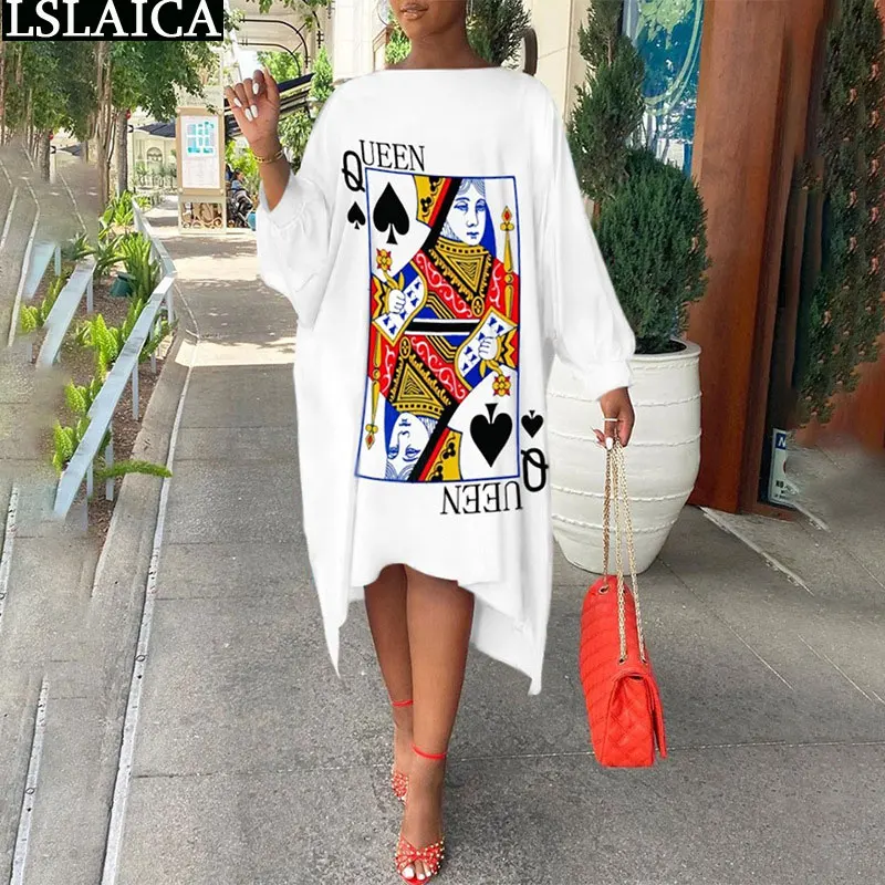 

Новое поступление, платья для женщин, 2022, элегантные, с длинным рукавом, с круглым вырезом, с принтом покера, вязаные, повседневные, женские платья, свободные, модное платье миди