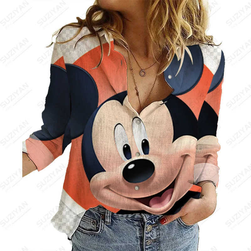 

Свободная Женская рубашка с отложным воротником, Модный повседневный Топ с длинным рукавом и принтом Микки Дисней, весна-осень