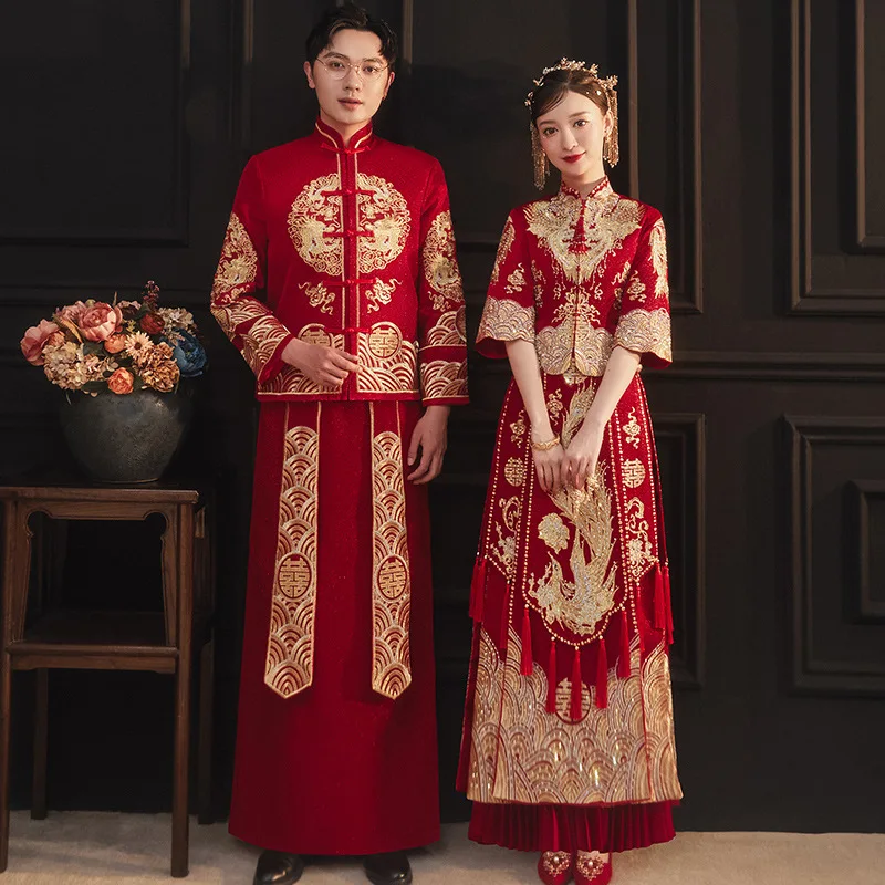 Xiuhe-vestido de novia chino Retro para hombre y mujer, Cheongsam tradicional, Vintage, rojo, Formal, estilo Oriental, talla grande