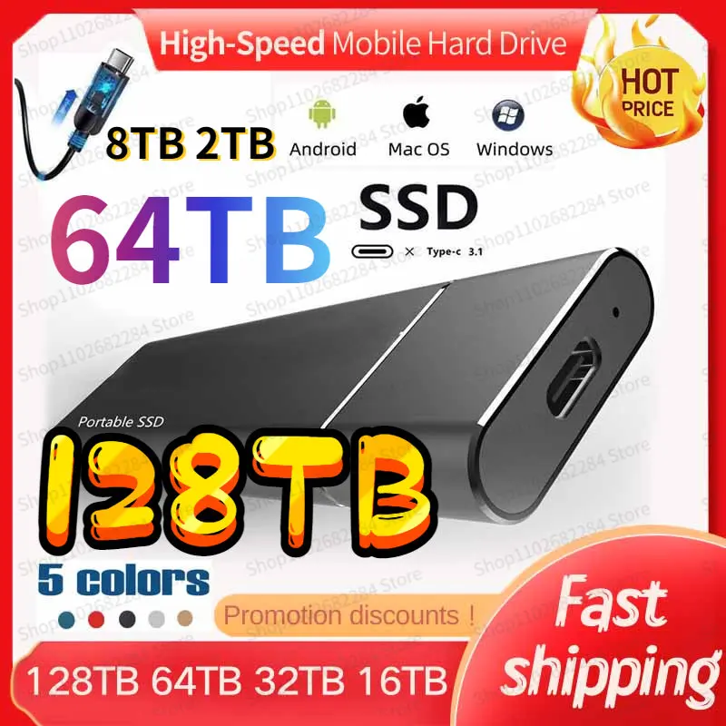 

High-Speed 128TB 64TB 16TB 8TB SSD 2TB Portable External Solid State Hard Drive USB3.1 Interface Mobile Hard disk For Laptop Mac
