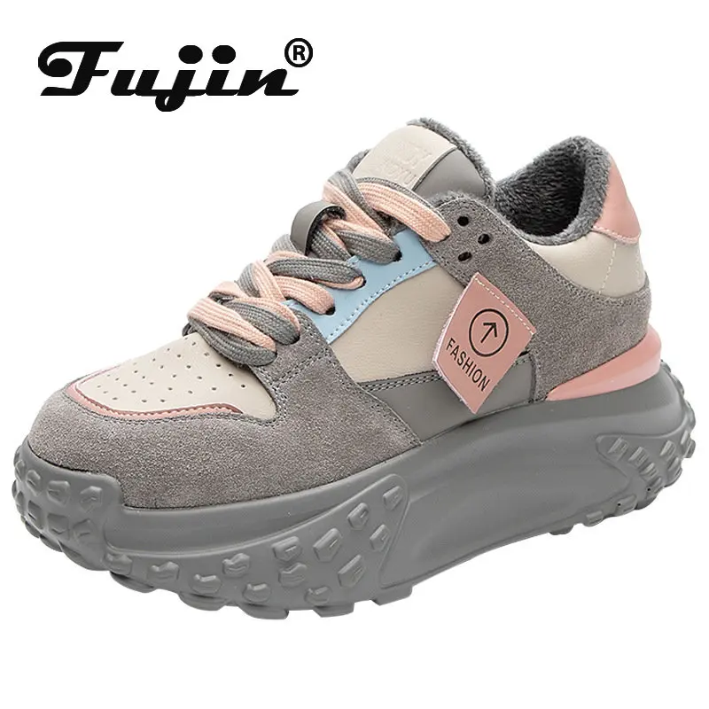

Женские кроссовки на платформе Fujin, повседневные теплые плюшевые кроссовки из коровьей замши на скрытом каблуке 5 см, сезон весна-осень