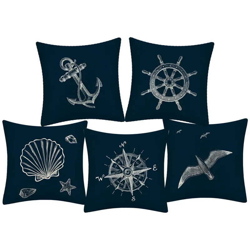 

Blue Marine Style Cushion Cover 45*45 Navy Anchor Rudder Lighthouse Sailboat Compass Throw Pillow Case For Home Sofa Decoration