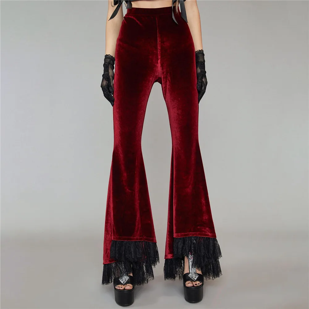 

Rosetic Vintage Red Flared Pants Gothic Women Fashion Punk Lace Patchwork High Waist Trousers Velvet Bellbottoms Spring New 2022
