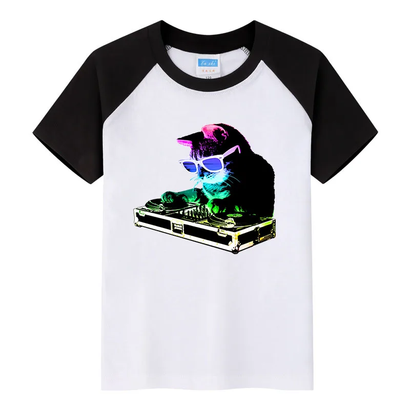 

HOUSE CAT Rainbow DJ Kitty printed children's clothing summer boys short-sleeved raglan T-shirt