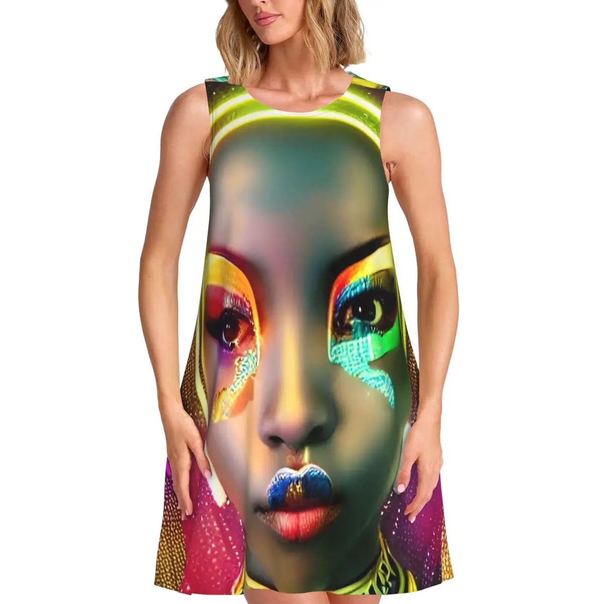 Фото Платье Jibaro AI Art Design Dress Robots Kawaii для женщин, без рукавов, в корейском стиле, повседневное, с графическим принтом, свободного кроя, платье-жилет. №1