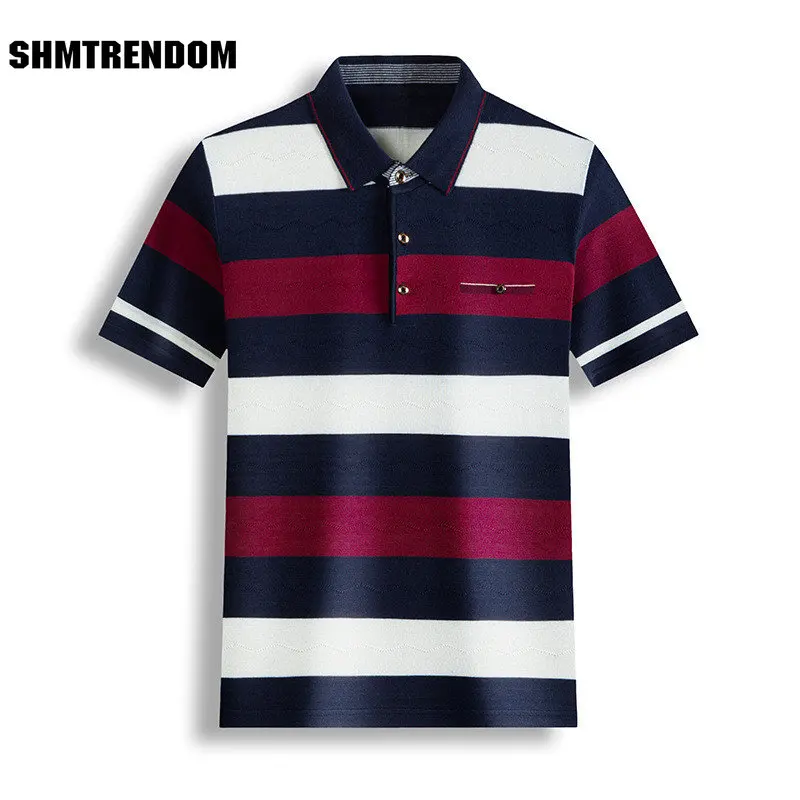 

Мужская полосатая рубашка-поло SHMTRENDOM, тонкие летние топы из чистого хлопка, Повседневная Уличная одежда, приталенная Повседневная рубашка-...