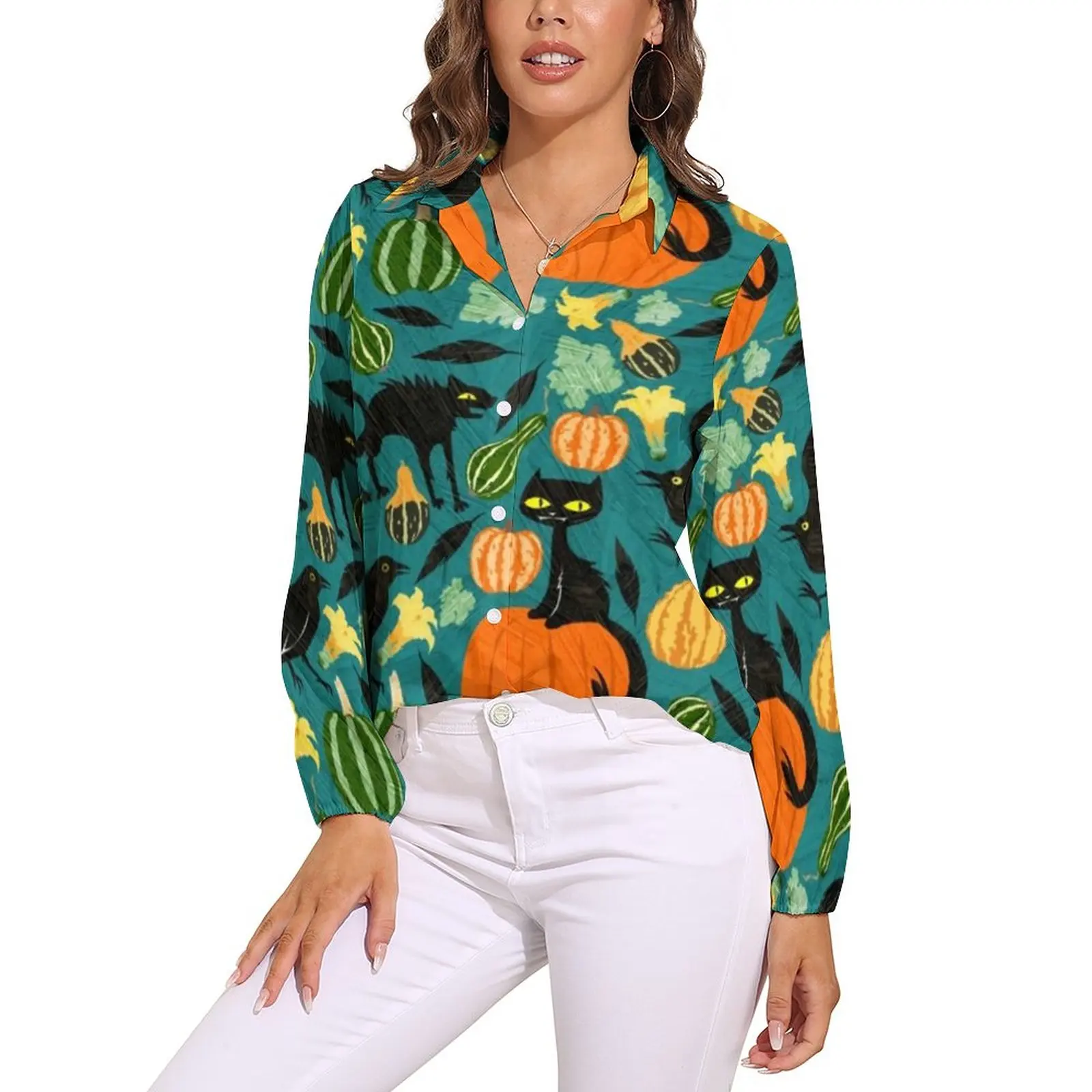 

Черная Женская Повседневная Блузка с длинным рукавом и принтом