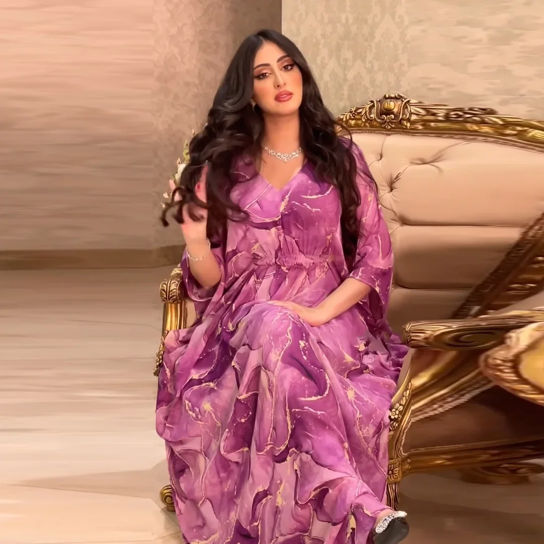 Шифоновое мусульманское платье с принтом Женская абайя рукавом летучая мышь